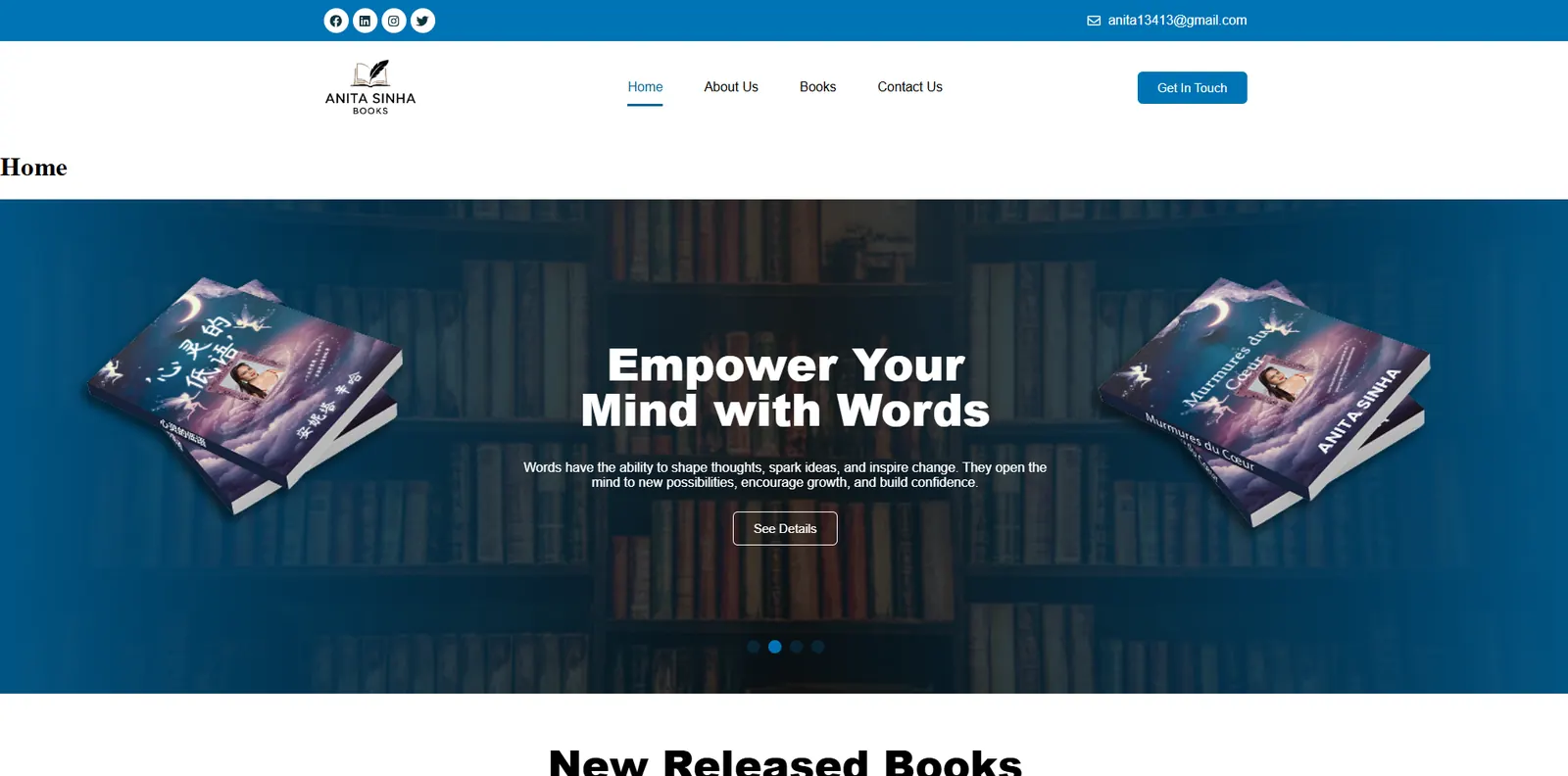 Homepage of the Anita Books website designed by Sofverse