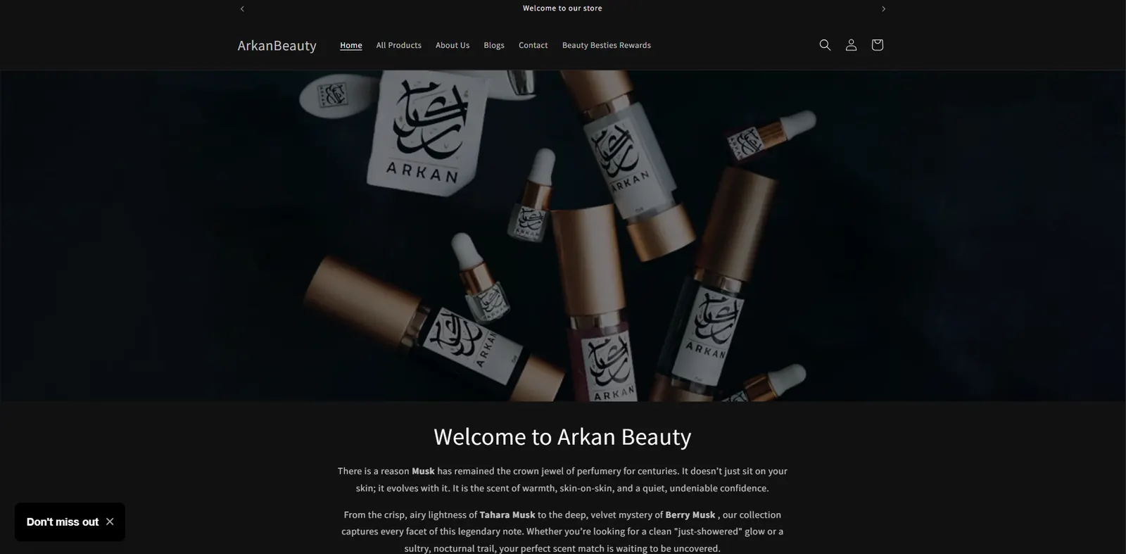 Homepage of the Arkan Beauty website designed by Sofverse