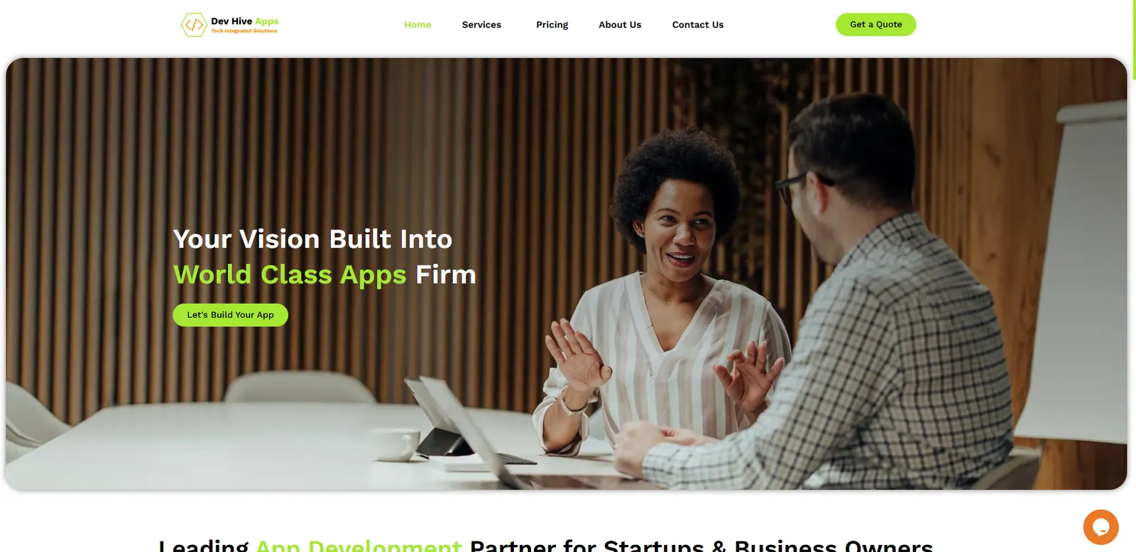 Homepage of the Dev Hive Apps website designed by Sofverse