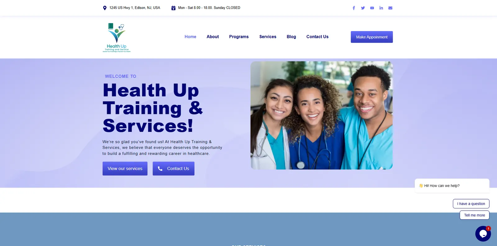 Homepage of the Health Up Training and Services website designed by Sofverse