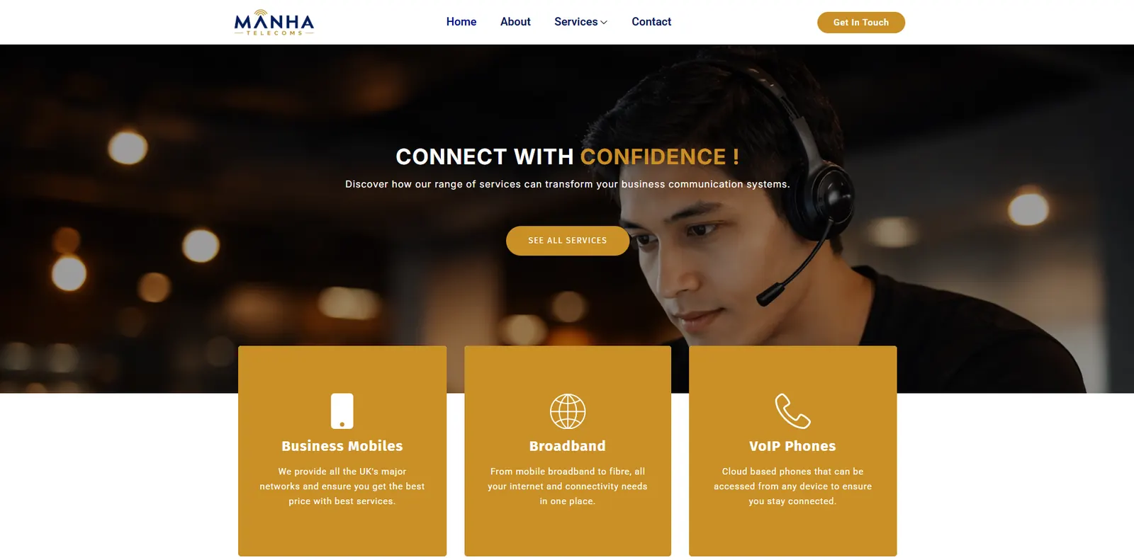 Homepage of the Manhat Telecoms website designed by Sofverse