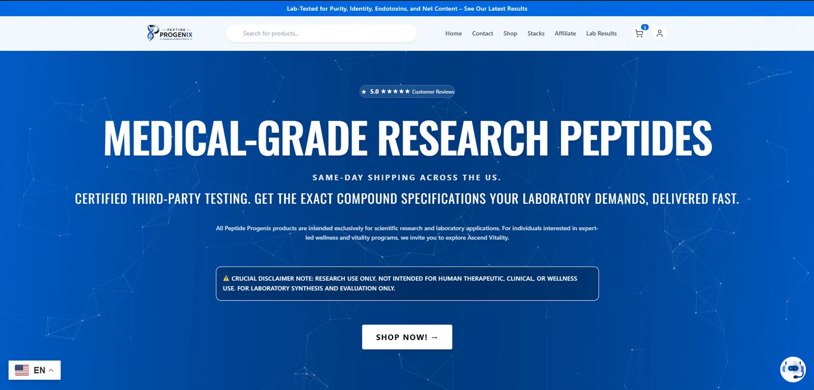 Homepage of the Peptide Progenix website designed by Sofverse