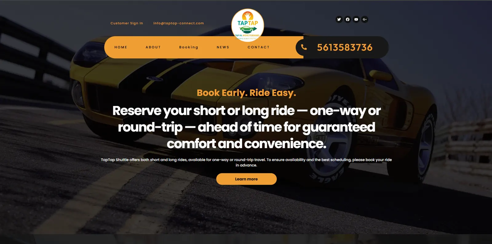 Homepage of the Tap Tap Shuttle website designed by Sofverse
