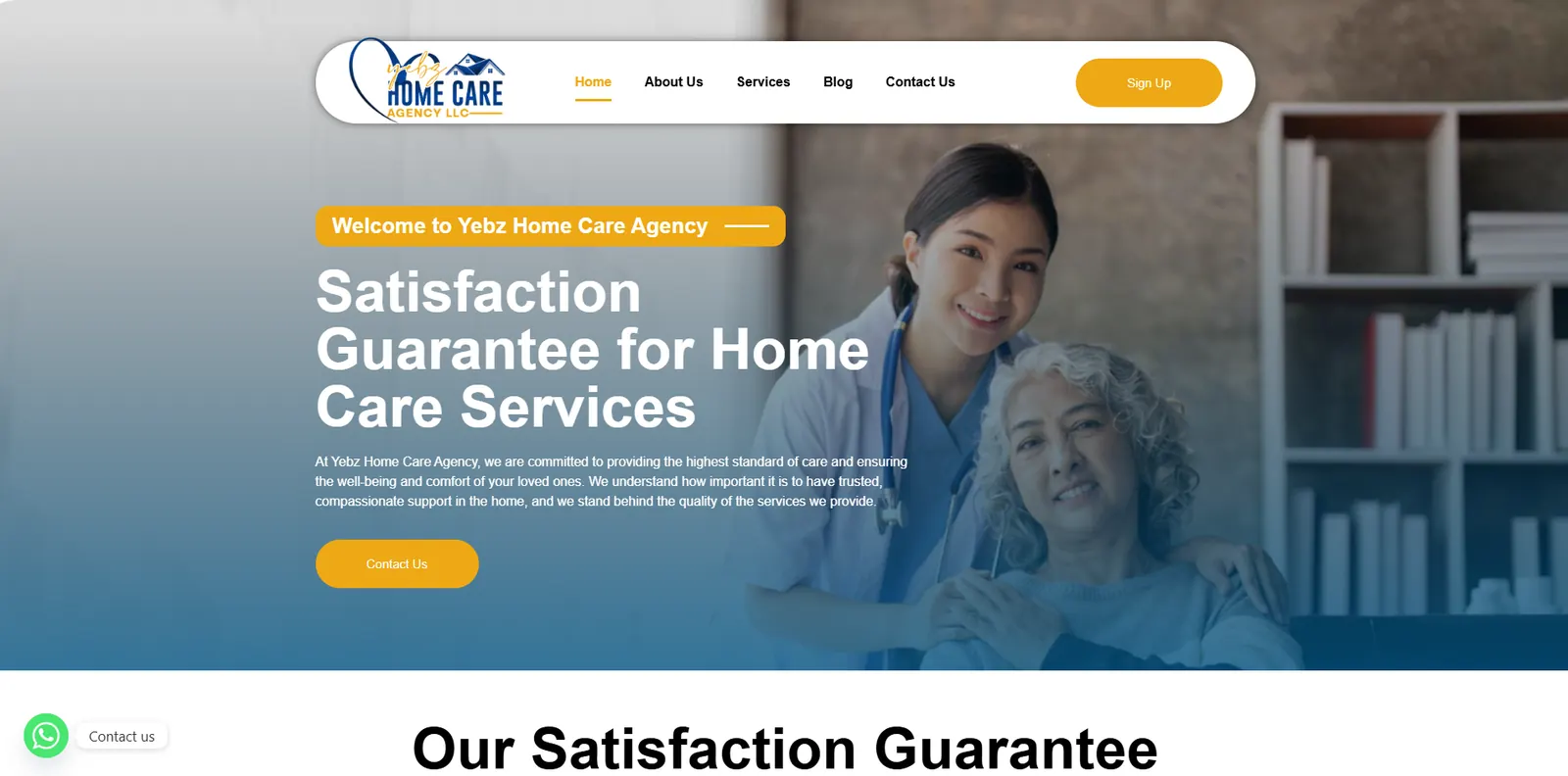 Homepage of the Yebz Home Care website designed by Sofverse