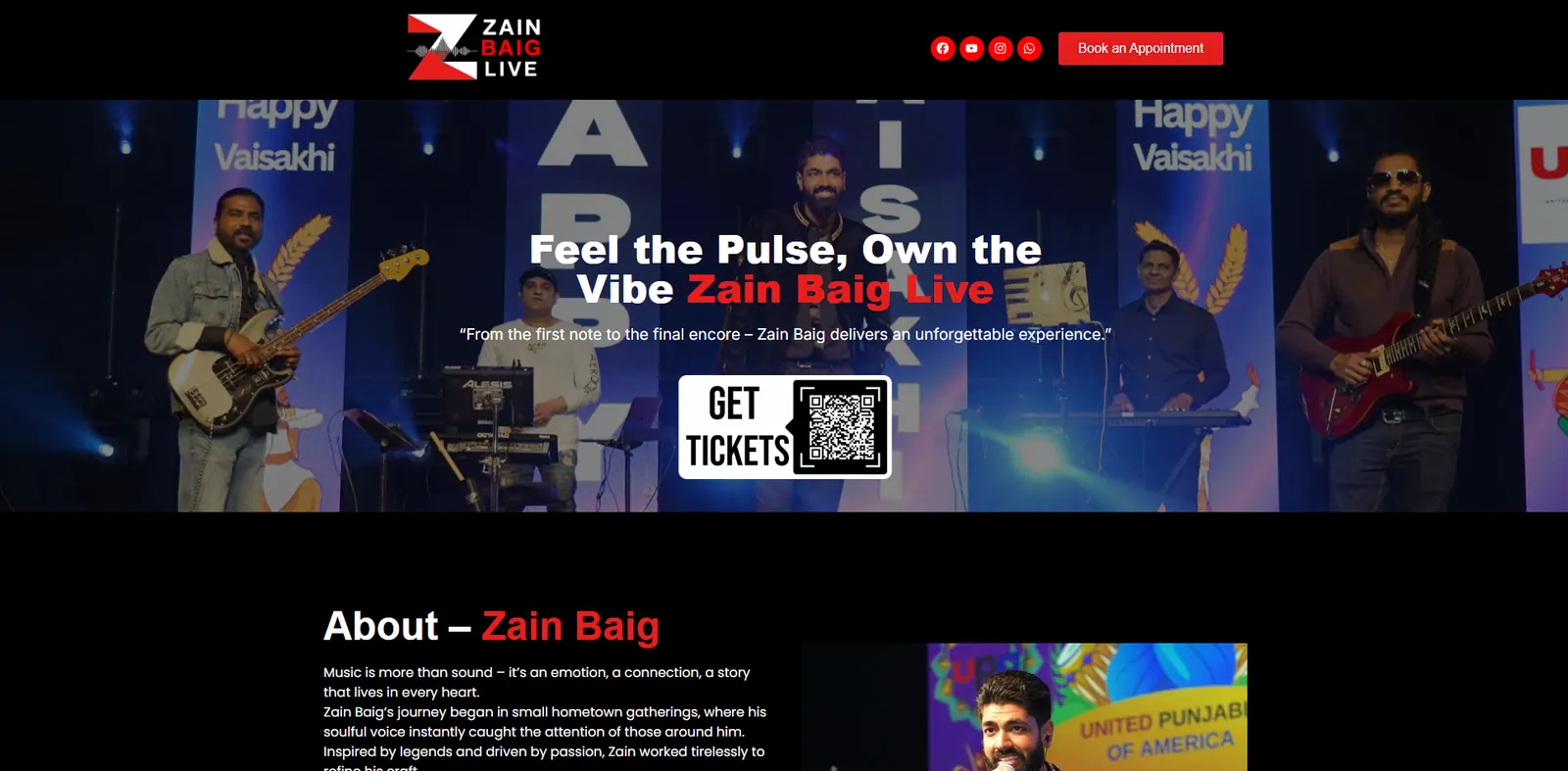 Homepage of the Zain Baig Live website designed by Sofverse