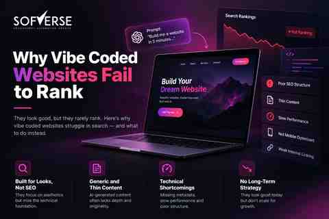 Why vibe coded websites fail to rank in Google search, Sofverse branded SEO illustration