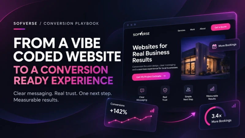 Original Sofverse dark navy and magenta featured artwork showing a conversion ready website concept with a clear headline, prominent pink call to action, trust signals and analytics illustrations
